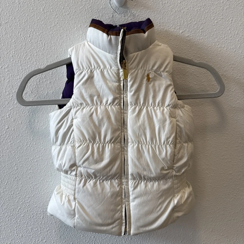 Ralph Lauren Toddler Girl Reversible Puffer Vest Sz 3T Purple Off White DuckDown